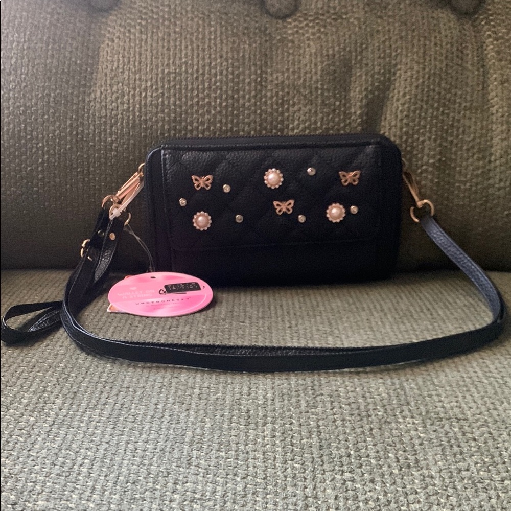 Elegant Black Crossbody Bag/Wristlet with Pearl and Butterfly Accents